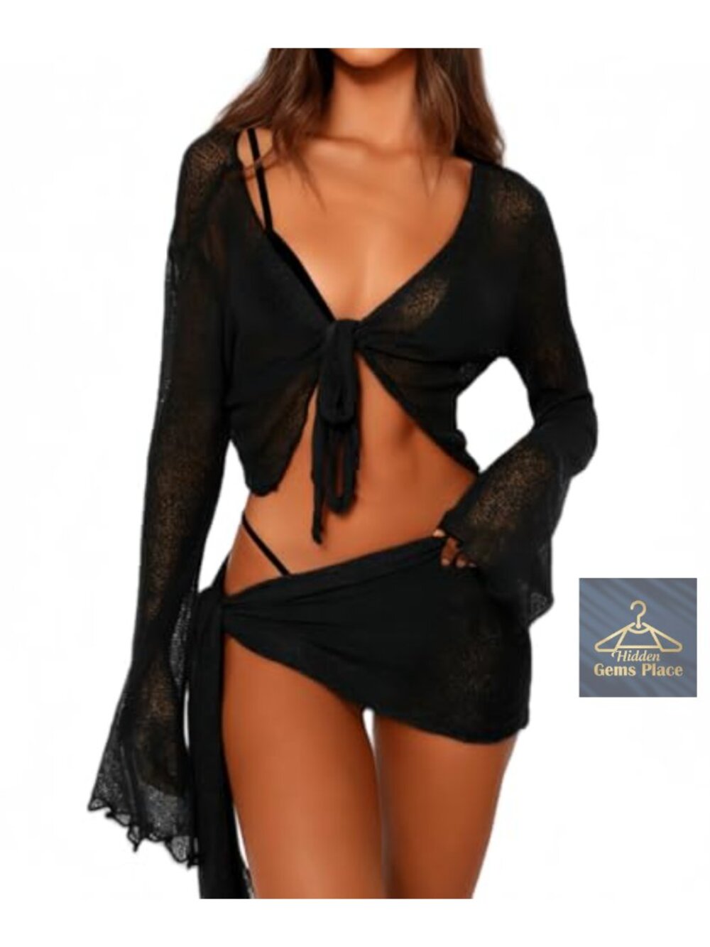 Women's 2 Piece Mesh Perspective Swim Cover-Up Set Long Sleeve Crop Top and